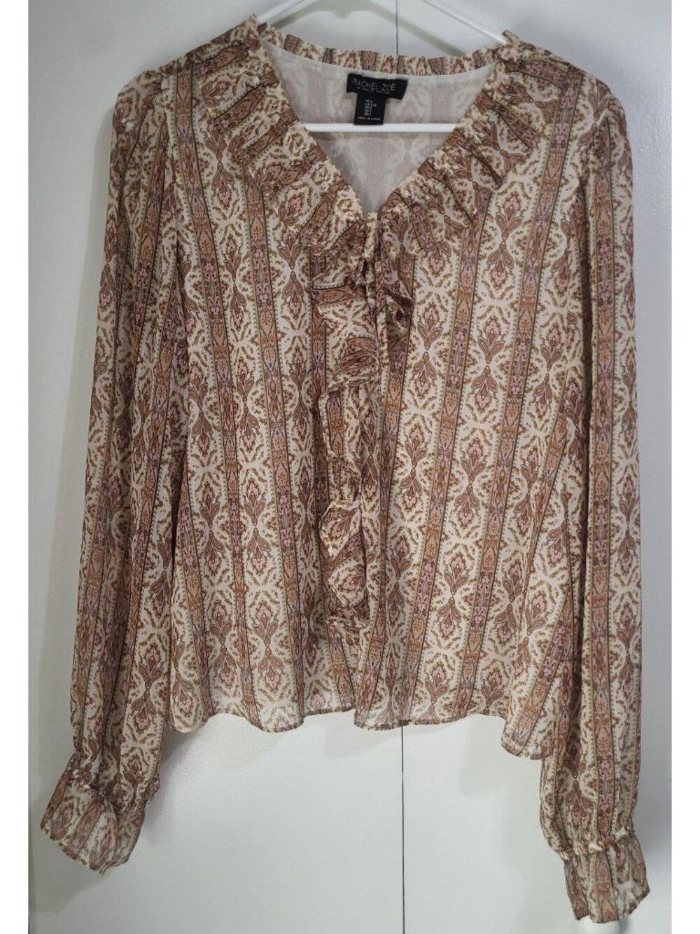 Rachel Zoe Women's LG Boho Chic Ruffle Print Peasant Top Blouse Festival - Picture 2 of 9